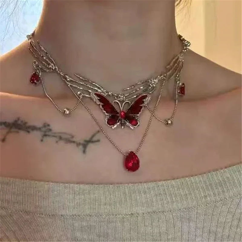 Gothic Y2K Butterfly Heart Cross Pendant Necklace with Charms for Women - Aesthetic Grunge Jewelry