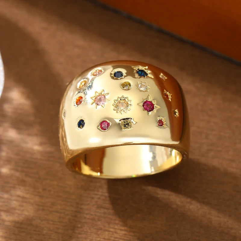 Retro Sun Star Zircon Inlay Wide Face Women's Ring - Vintage Jewelry Gift