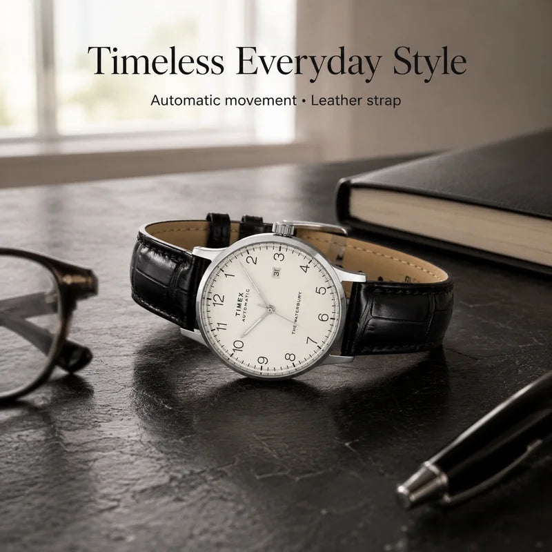 Men's Vintage Timex Automatic Watch White Dial Leather Strap See Through Case