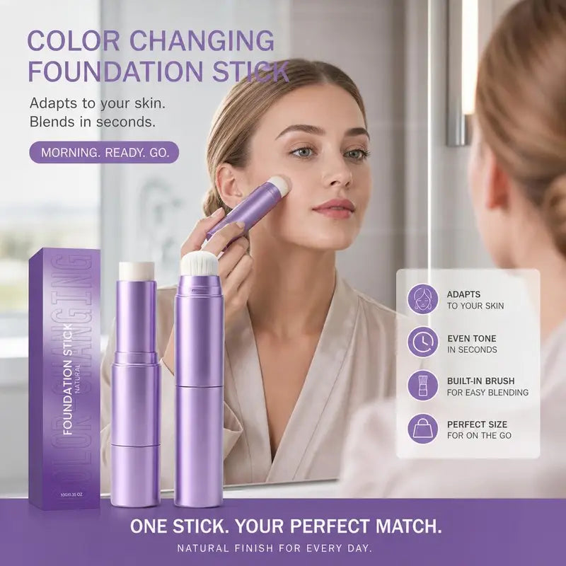 2-in-1 Color Changing Foundation Stick with Brush - Hydrating Full Coverage Makeup