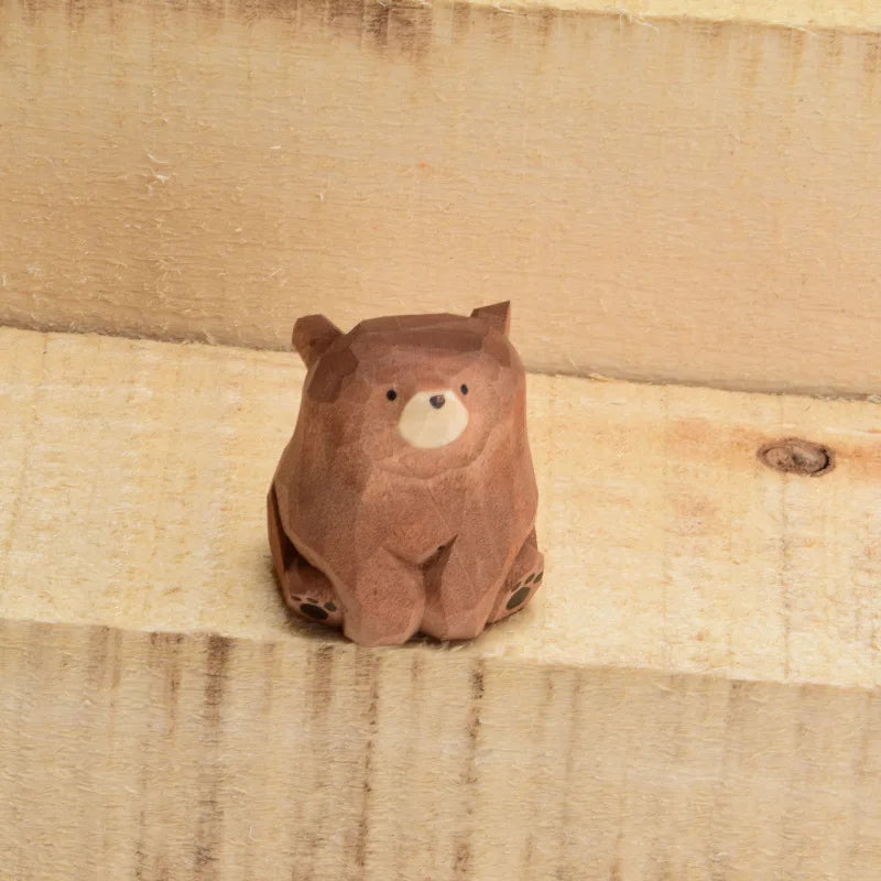 Wooden Bear Miniatures Set - Carved Solid Wood Figurines for Crafts & Decor