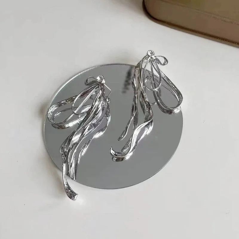 Korean Irregular Bowknot Drop Earrings - Silver Color Metal Line Big Long Jewelry for Women