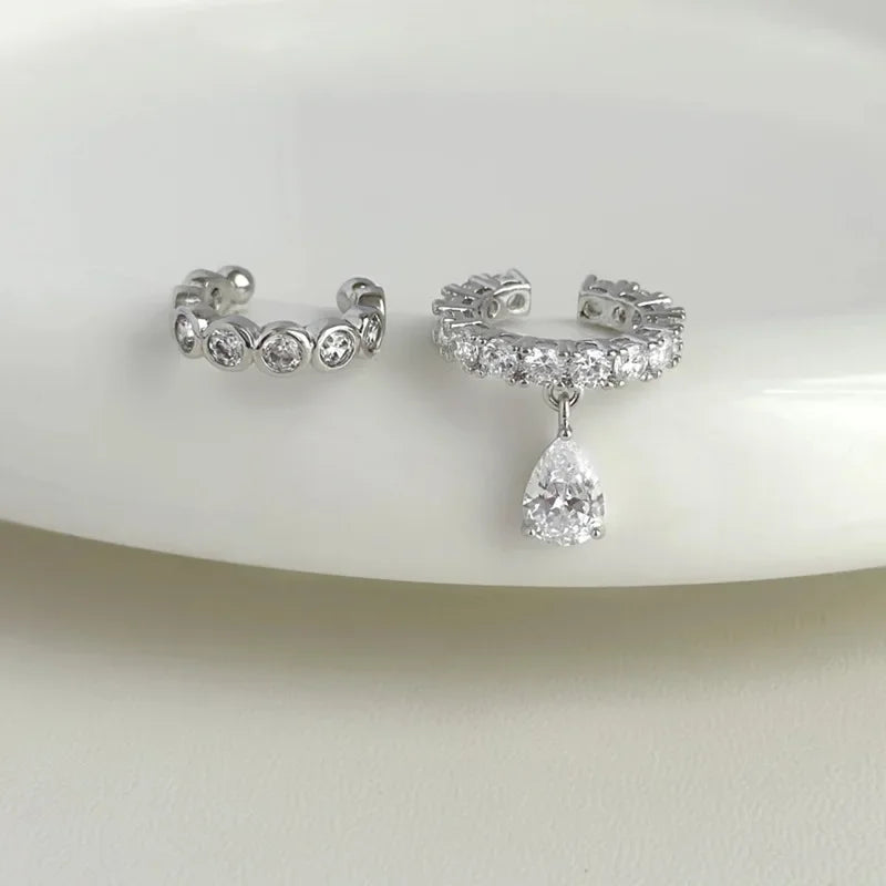 Silver Zirconia Pearl Clip-On Earrings for Women Geometric Ear Cuff Jewelry