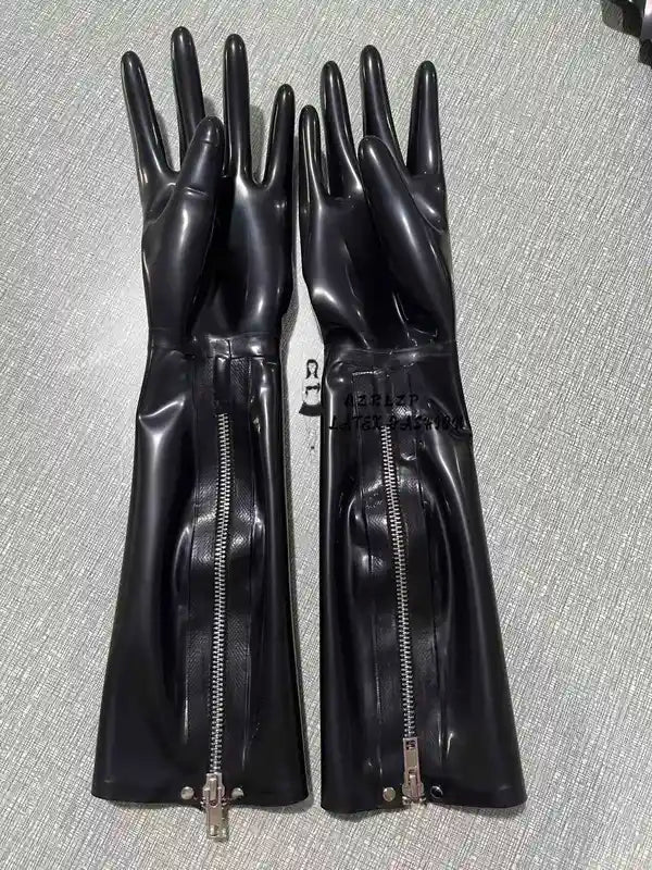 Black Latex Long Gloves with Zipper - Unisex Fashion & Costume Accessory