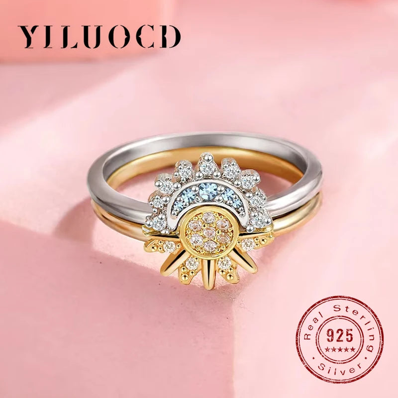 Sun and Moon Sterling Silver Ring Set for Women with Cubic Zirconia – Stackable Promise Jewelry