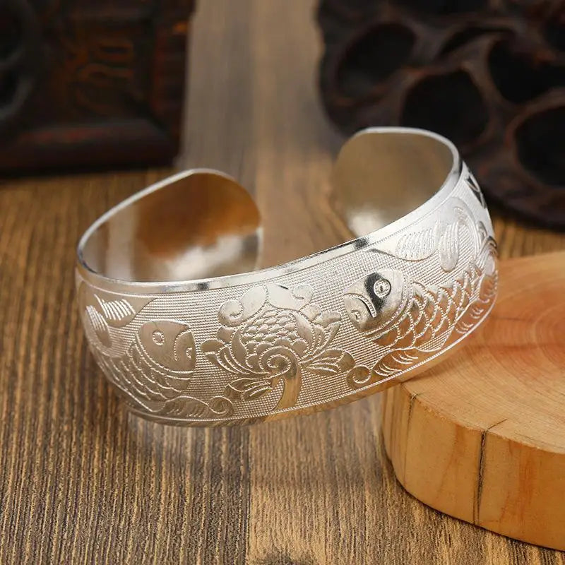 Bohemian Ethnic Wide Silver Bracelet for Women Carved Flower Fashion Jewelry