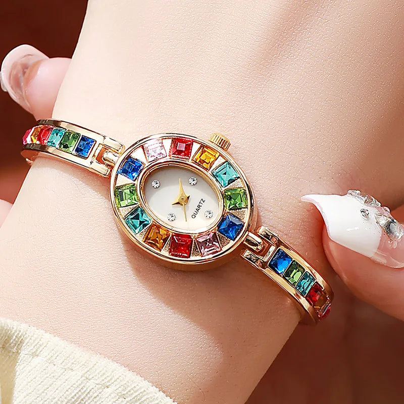 Women's Quartz Watch with Colorful Diamond Bracelet - Elegant & Fashionable