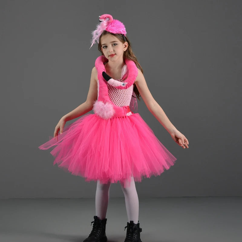 Girls Halloween Pink Flamingo Costume with Puffy Skirt for Stage & Party