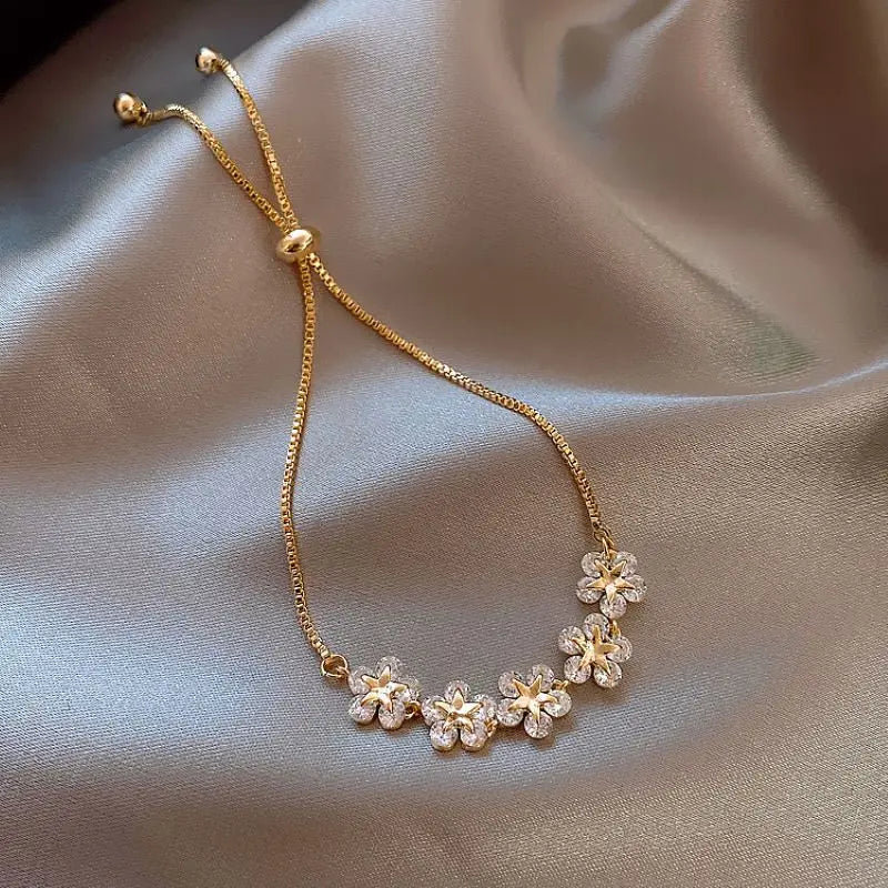 Gold Plated Crystal Flower Charm Bracelet for Women Wedding Gift Jewelry
