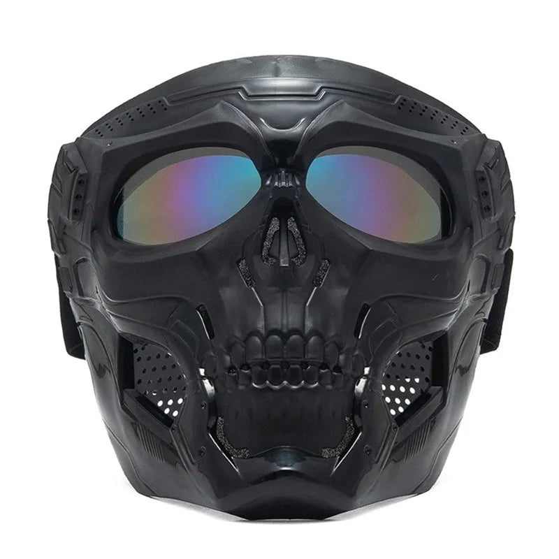 Windproof Full Face Skull Mask with Colored Goggles - Skeleton Cosplay Costume