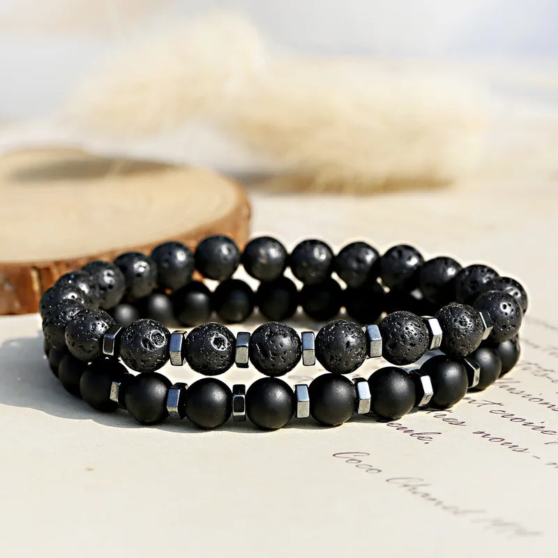 Men's Beaded Bracelet Set - Frosted Black Volcanic Stone Double Layer Jewelry