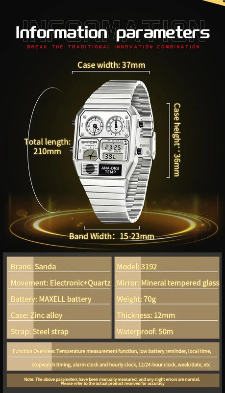 Digital Sport Watch Waterproof LED Thermometer Stopwatch Square Case