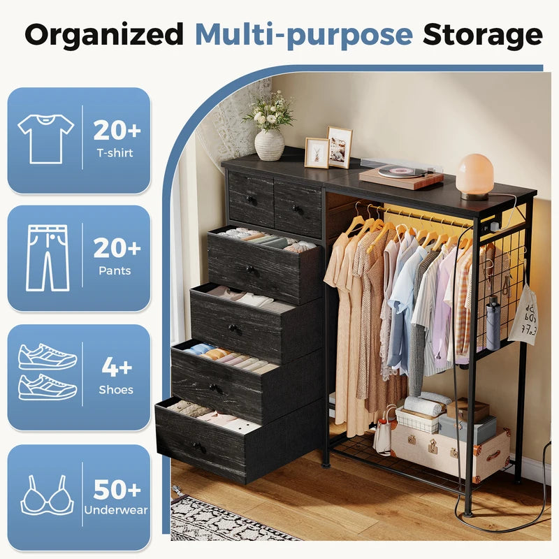 6-Drawer Fabric Dresser with Hanging Rack and LED Lights for Bedroom Storage