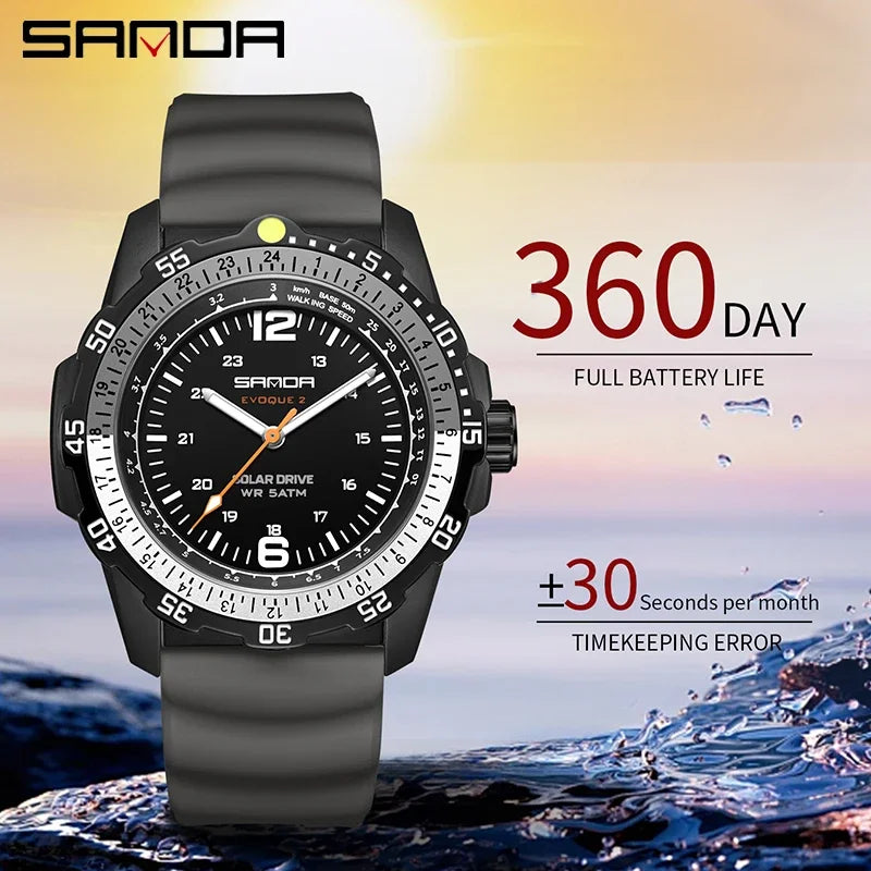 Luxury Men's Solar-Powered Watch with Luminous Hands Waterproof Sport Wristwatch