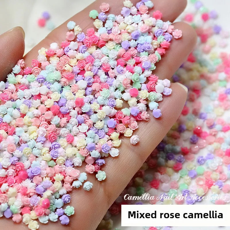 Mini 4mm Colorful Camellia Rose Resin Nail Art Flowers - Rhinestones & Decorations