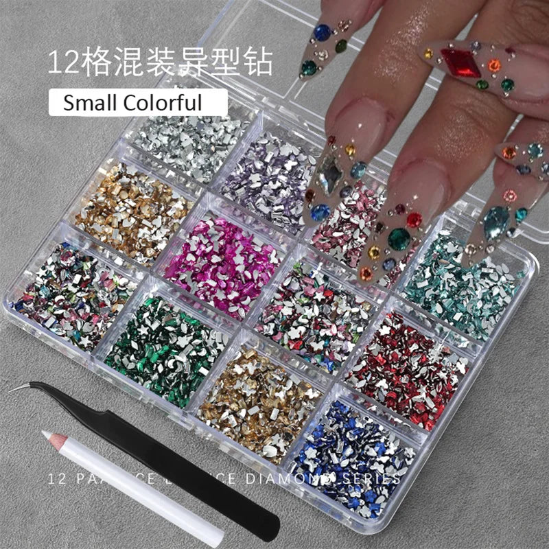 Multi-Shaped Nail Art Rhinestones Kit with Pen & Tweezers - 12 Grids Champagne Gold