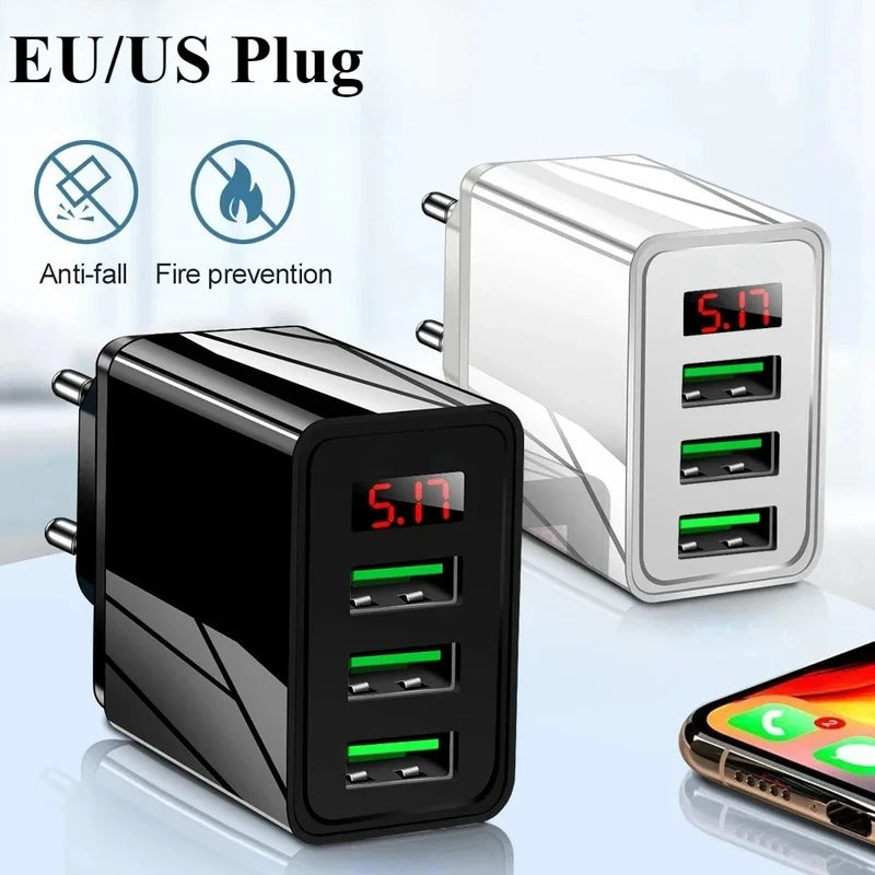 3-Port USB Fast Charger Wall Adapter with LED Display for Smartphones and Tablets