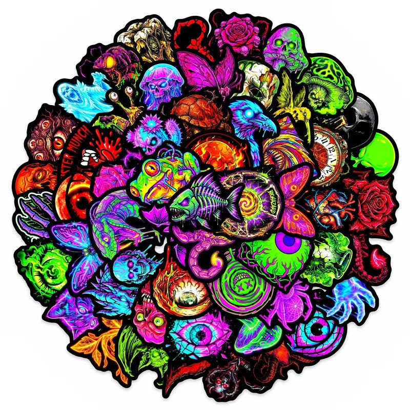 Fluorescent Skull Demon Horror Stickers - 50 Pack for Helmets, Phones, Luggage, & More