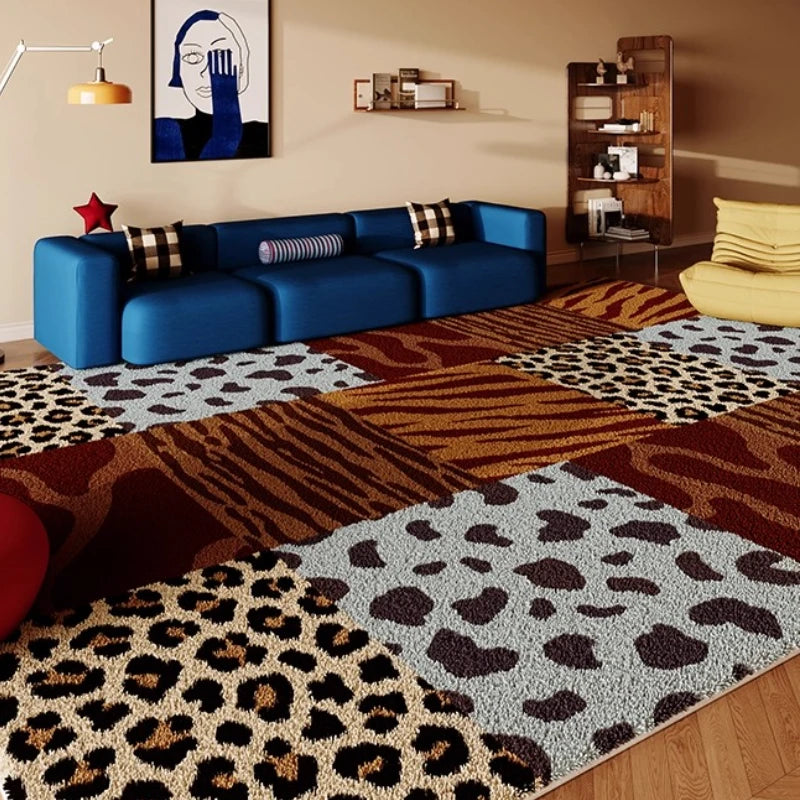 Colorful Retro Grid Living Room Rug - Plush Cartoon Style Carpet for Bedroom & Home