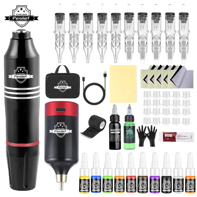 Professional Rotary Tattoo Kit with Power Supply and 10 Cartridge Needles for Beginners & Artists