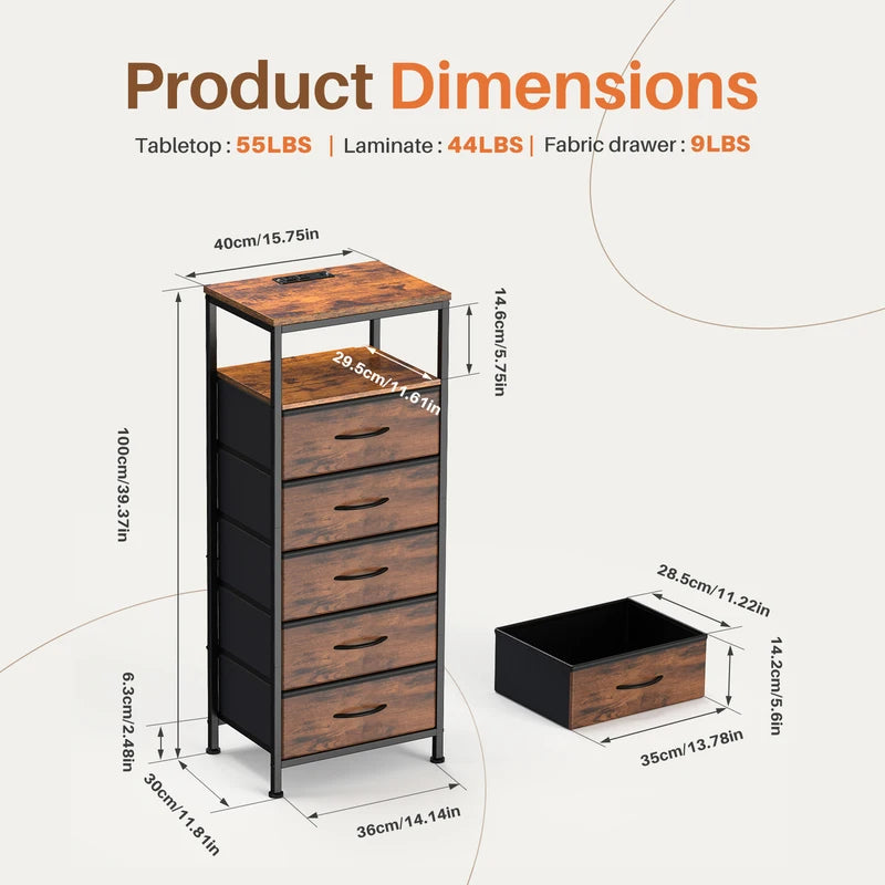 5-Drawer Nightstand with Charging Station and Open Shelf – Modern Bedroom End Table