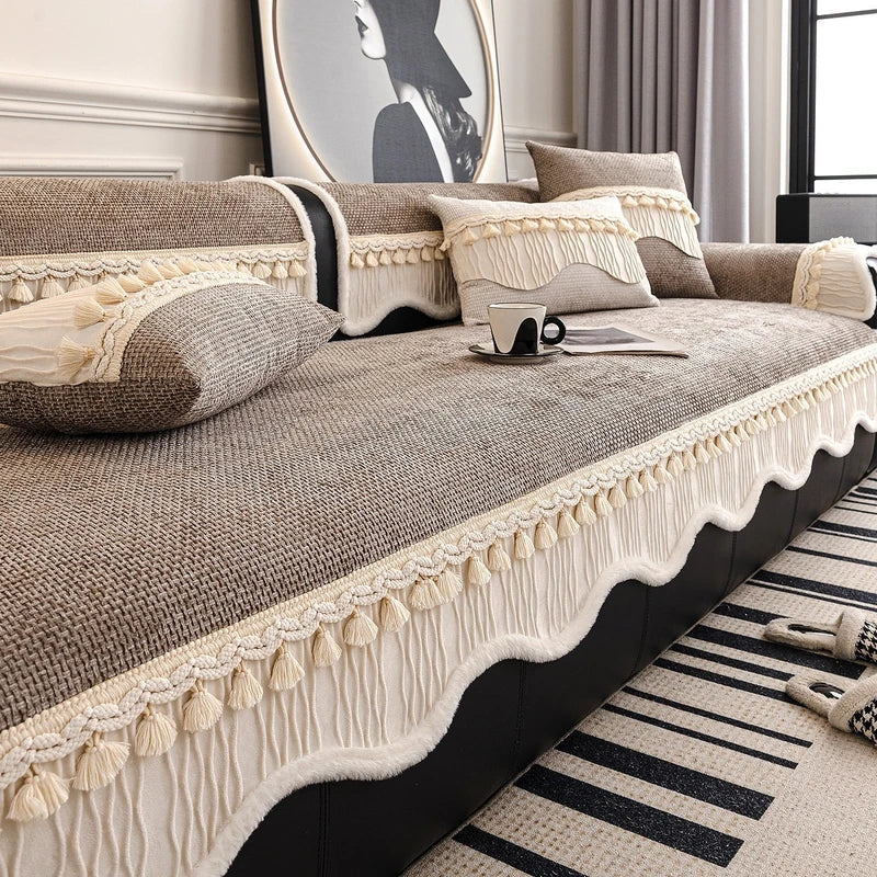 Chenille Sofa Cover with Velvet Hem & Tassels - Non-Slip All Seasons Decor