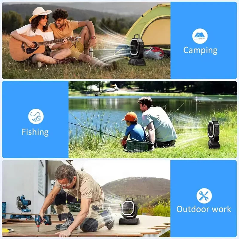 Portable 20000mAh Camping Fan with LED Light and USB Power Bank - Outdoor Tent Fan with 270° Adjustable Wind Speeds and Timer