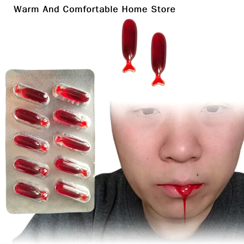 10 Pack Fake Blood Capsules for Halloween Cosplay & Pranks - Horror Makeup