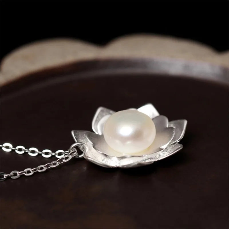 Sterling Silver Jewelry Necklace with White Lotus Shell Beads and Pearl Flower Pendant