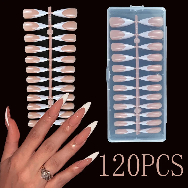 120Pcs Medium-Long French Pointed Press-On Nails Brightening False Nails