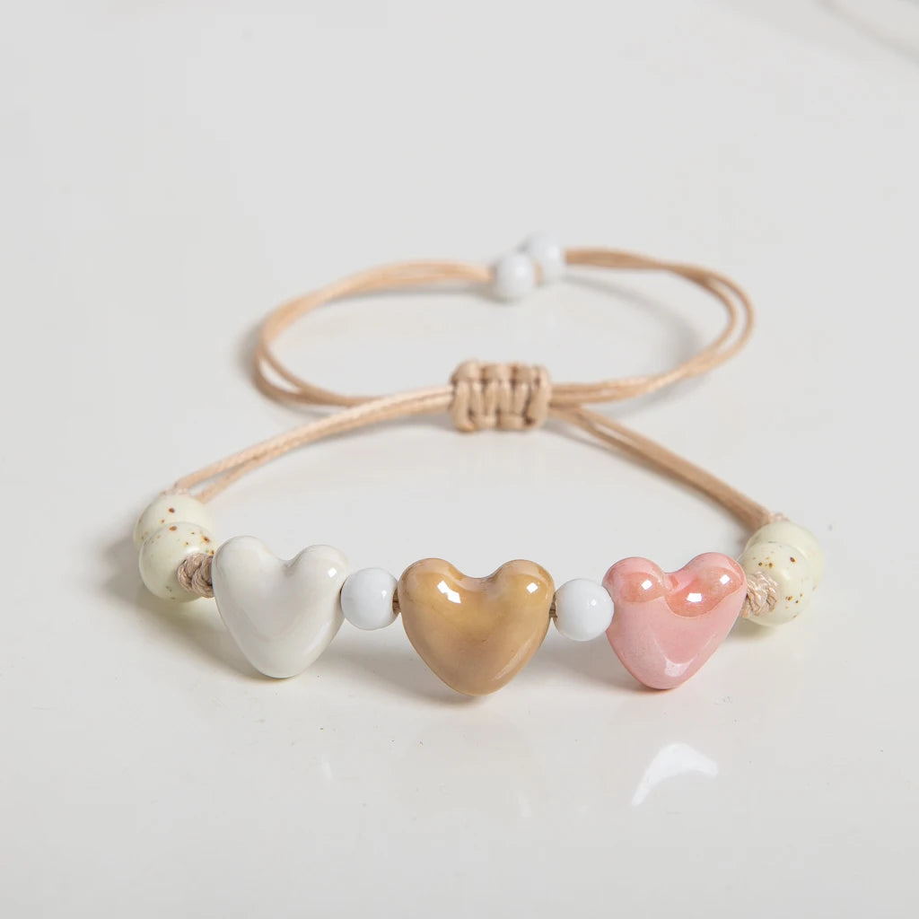 Boho Adjustable Ceramic Heart Beads Bracelet for Couples & Friends