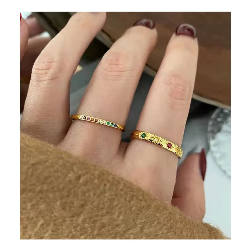 Rainbow Color Cubic Zircon Finger Rings Set - Waterproof Stainless Steel Jewelry for Women