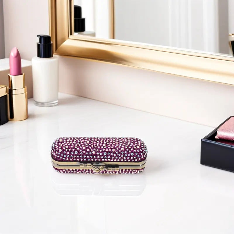 Rhinestone Lipstick Storage Case with Mirror Compact - Travel Makeup Organizer