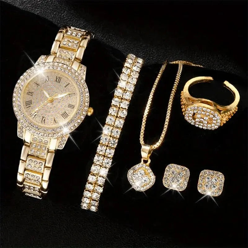 Women’s Elegant Alloy Quartz Wristwatch Set - Crystal Rhinestone Bracelet, Multiple Colors