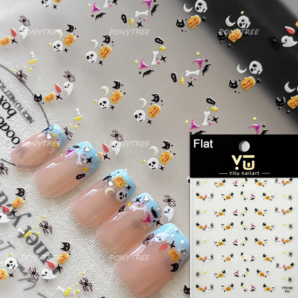 Halloween Nail Charms Stickers - Skull, Cat, Bat, Moon, Starburst, Coffin, Wizard Hat, Bones, Crescent Decor