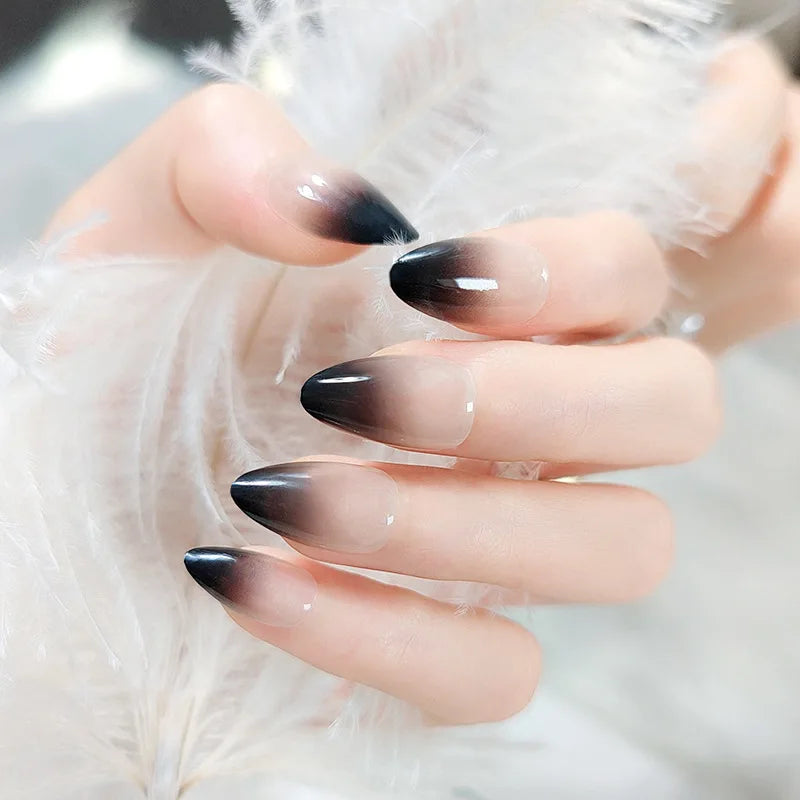 24pcs Gradient Black Pointed Nail Tips Fake Nails Set Long Almond Press On Nails