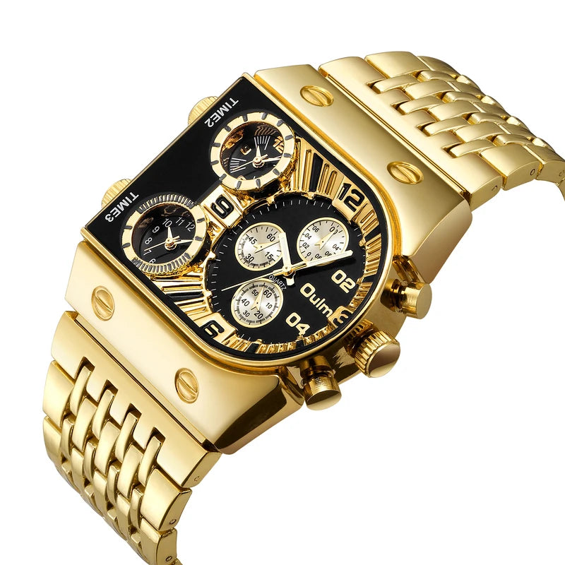 Luxury Multi-Time Zone Men's Quartz Watch with Large Dial and Luminous Steel Band