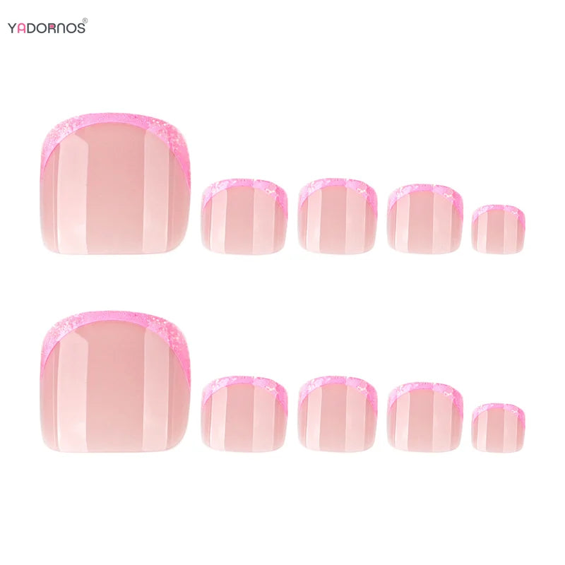 Pink French Tips Fake Toenails 24Pcs Nail Tips Set with Sequins for Summer - Multiple Colors