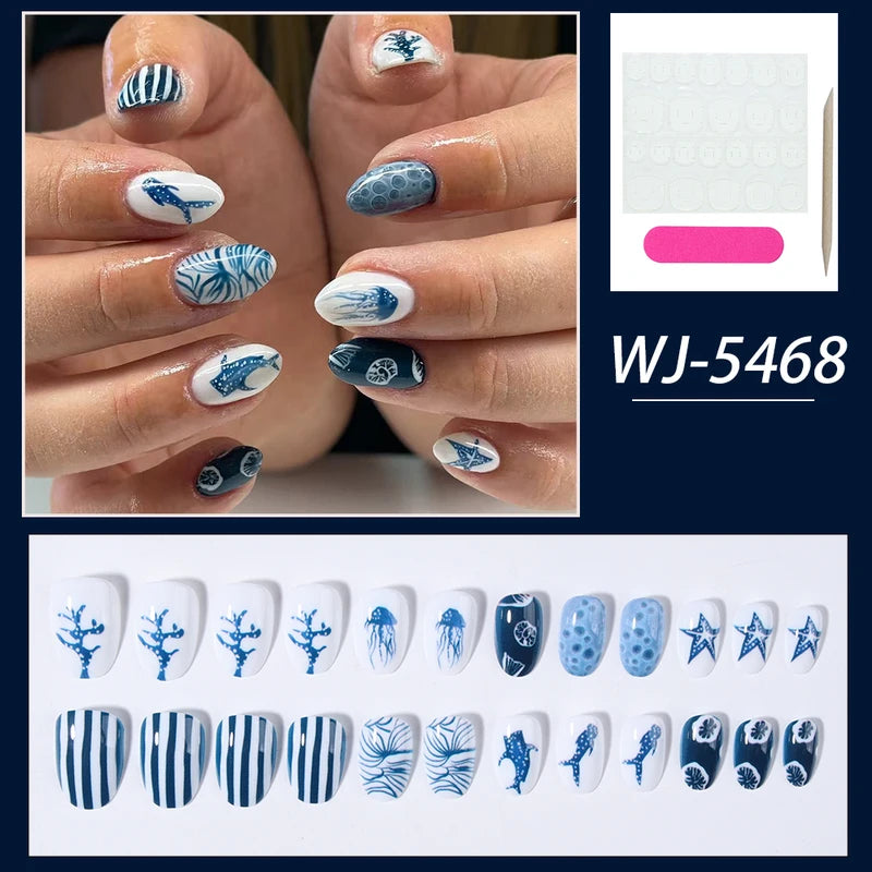 Oceanic Style Short Oval Whale & Star French Press Nails - 24 Pieces