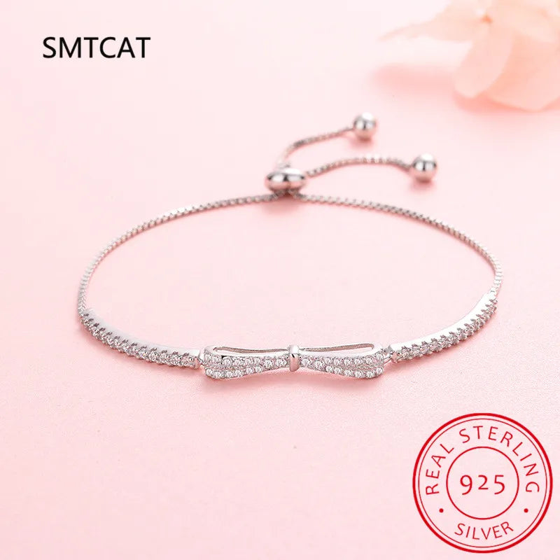 Sterling Silver Bowknot Bracelet for Women & Men with Zircon - Wedding Party Jewelry
