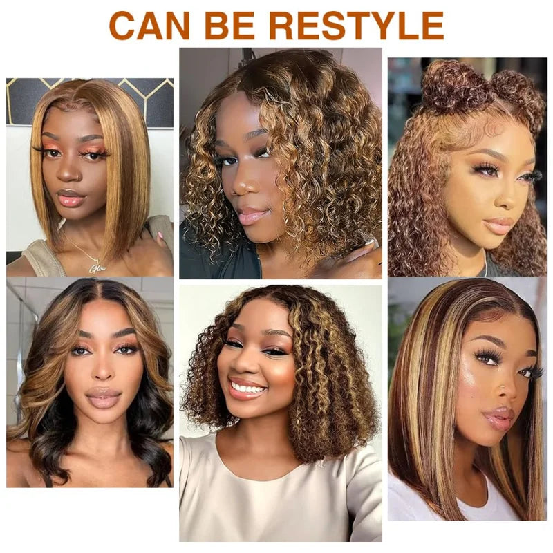 Glueless Highlight Bob Wig Human Hair with 5x5 HD Lace Closure - Deep Wave, Curly, Blonde