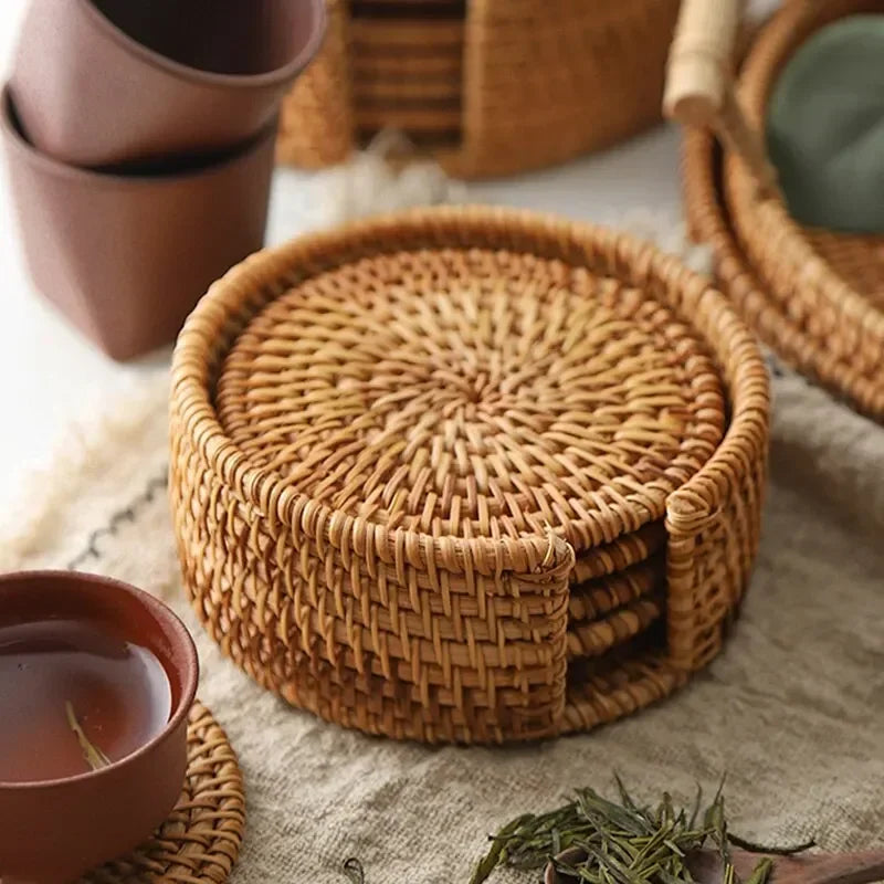 Rattan Cup Coasters Set 6 Pcs Drink Placemat for Tea & Tableware