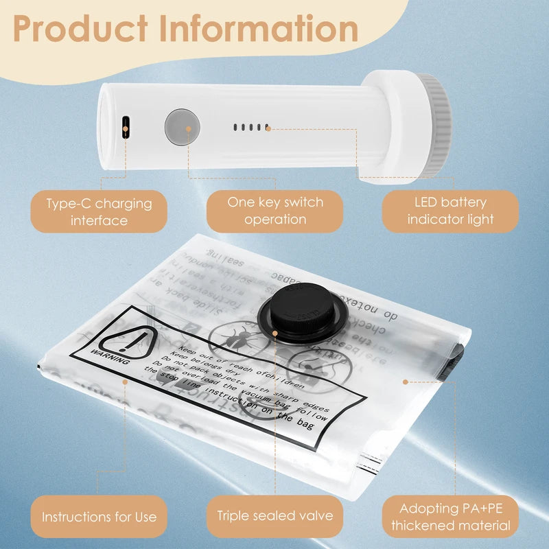 8Pcs Vacuum Storage Bags with USB Electric Pump - Rapid Compression & Leakproof Lock