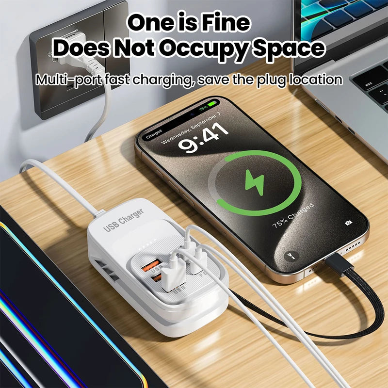6-in-1 USB Charging Station Power Strip with EU/UK/US Plugs — Fast Charging Hub