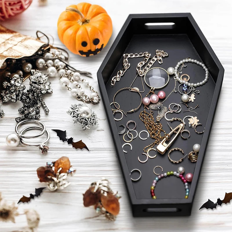 Coffin Shape Black Wooden Storage Tray Gothic Decor Halloween Gift