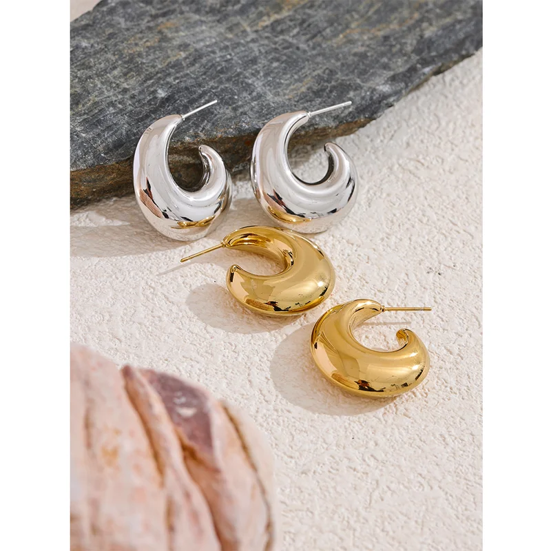Women’s Chunky C-Shape Stainless Steel Earrings - 18K Plated Waterproof Jewelry