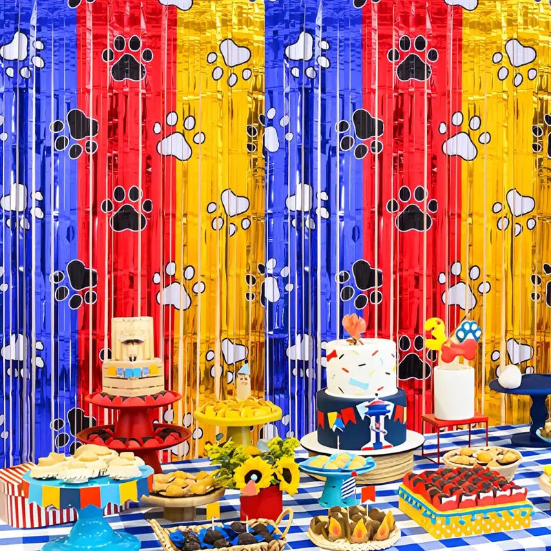Paw Birthday Decorations 2 Pack Gold Red Blue Party Fringe Curtains Photo Booth Props