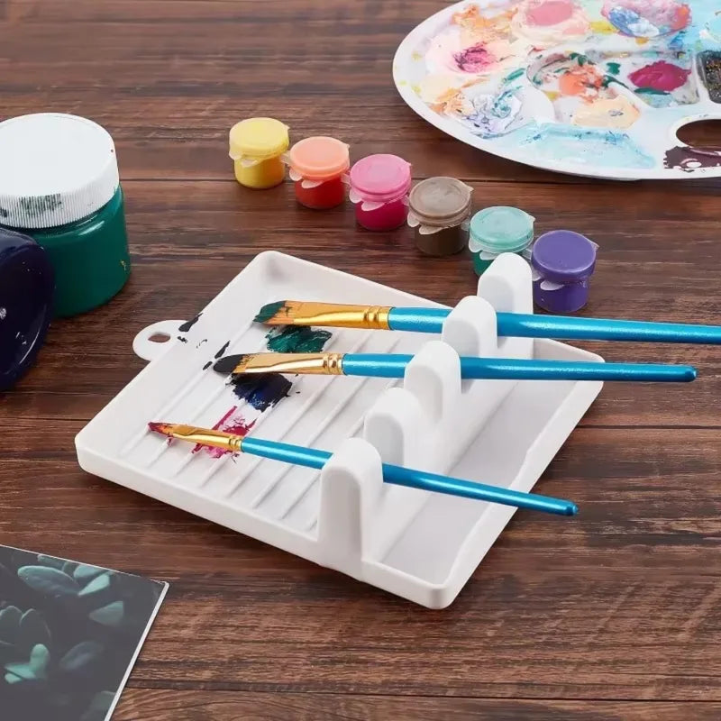 Paint Brush Stand Organizer with Drip Tray for Watercolor, Oil, Acrylic - White Plastic
