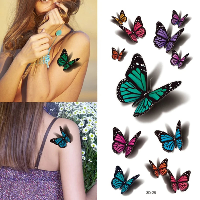 Temporary Tattoo Sticker Set for Women - Waterproof 3D Butterfly Rose Feather Body Art