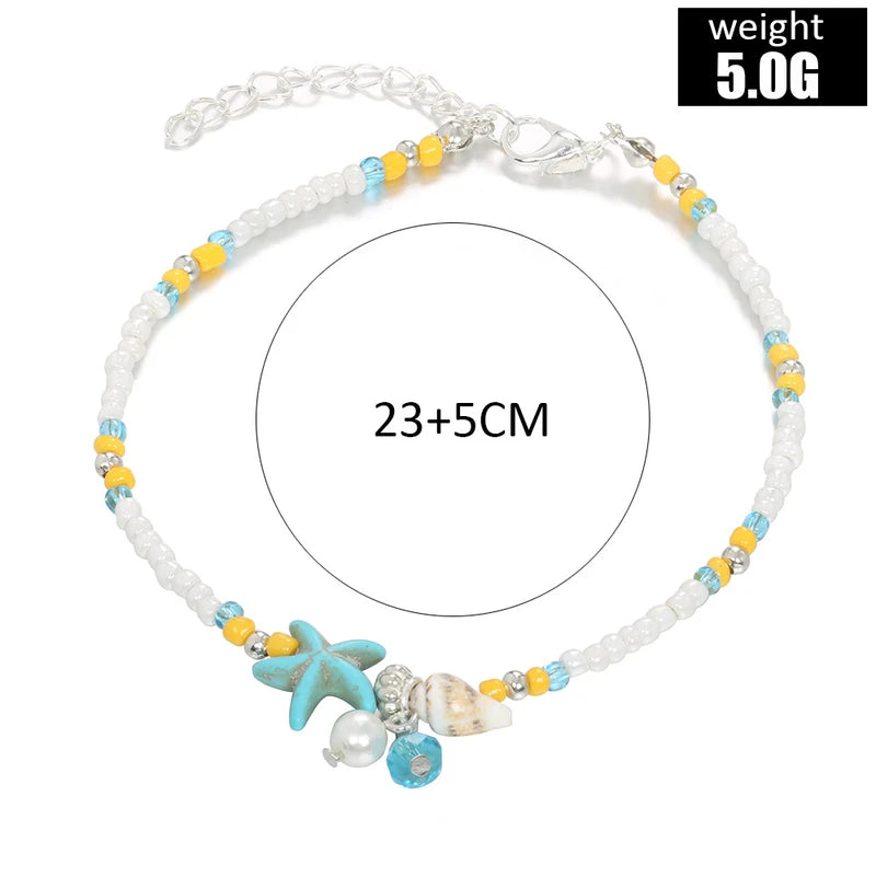 Boho Turquoise Starfish Anklet with Adjustable Chain Summer Foot Jewelry for Women & Girls